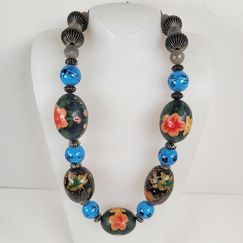 Hand Painted Floral Beaded Necklace Blue Black Statement Toggle 20" Boho Jewelry